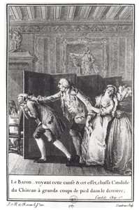 „Le Baron ... gonił Kandyda z zamku wielkimi kopniakami w pośladki”, ilustracja z rozdziału 1 „Kandyda” Francois Voltaire (1694-1778) rytowana przez Jeana Dambruna (1741-s.1808) 1787 (e